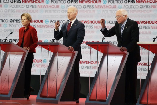 Elizabeth Warren Joe Biden and Bernie Sanders participate in the December debate in Los Angeles