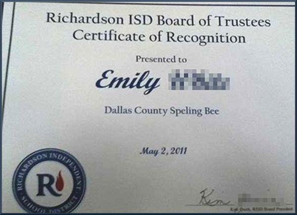 Spelling Bee Certificate Fails at Spelling