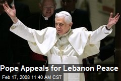 Pope Appeals for Lebanon Peace