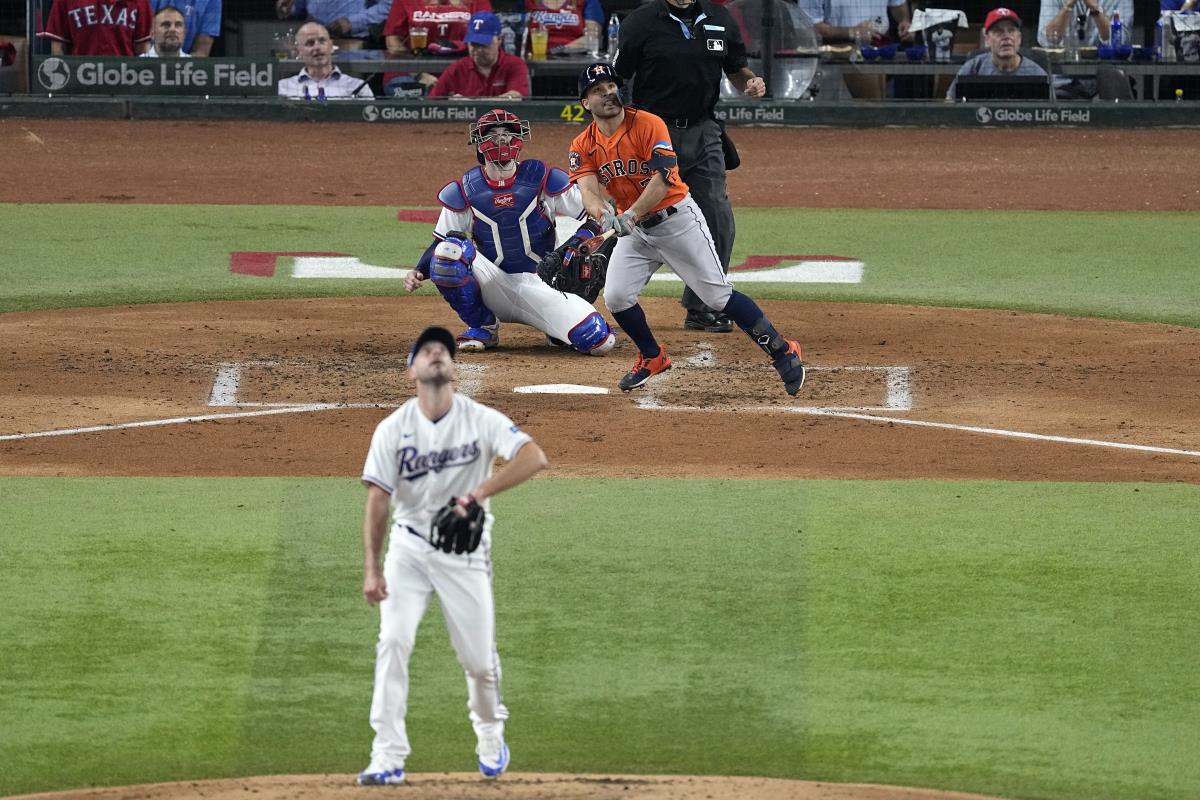 Scherzer roughed up by Astros in return from injury, leaving with Rangers  down 5 in loss –