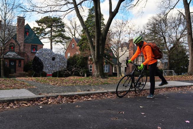 Baltimore cyclist finds joy in collecting lost hubcaps and stringing them into art