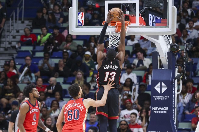 Adebayo has 23 points and 12 rebounds as the Heat pound the Pelicans 153-104.
