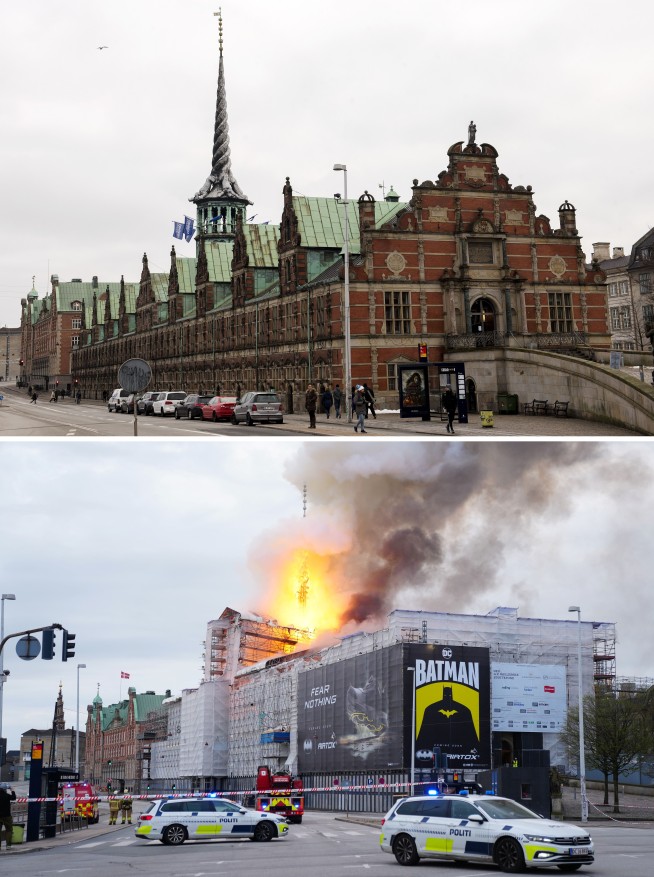 Fire destroys Copenhagen's Old Stock Exchange dating to 1600s, collapsing its dragon-tail spire