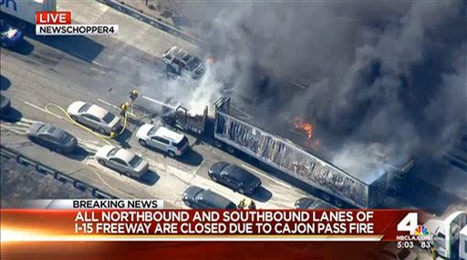 Crazy Scene on Freeway: Wildfire Burns Cars