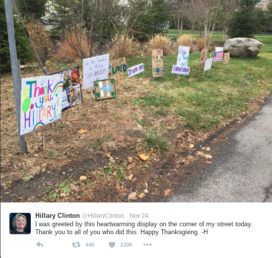 Clinton Thankful for Supporters' Thanks on Thanksgiving