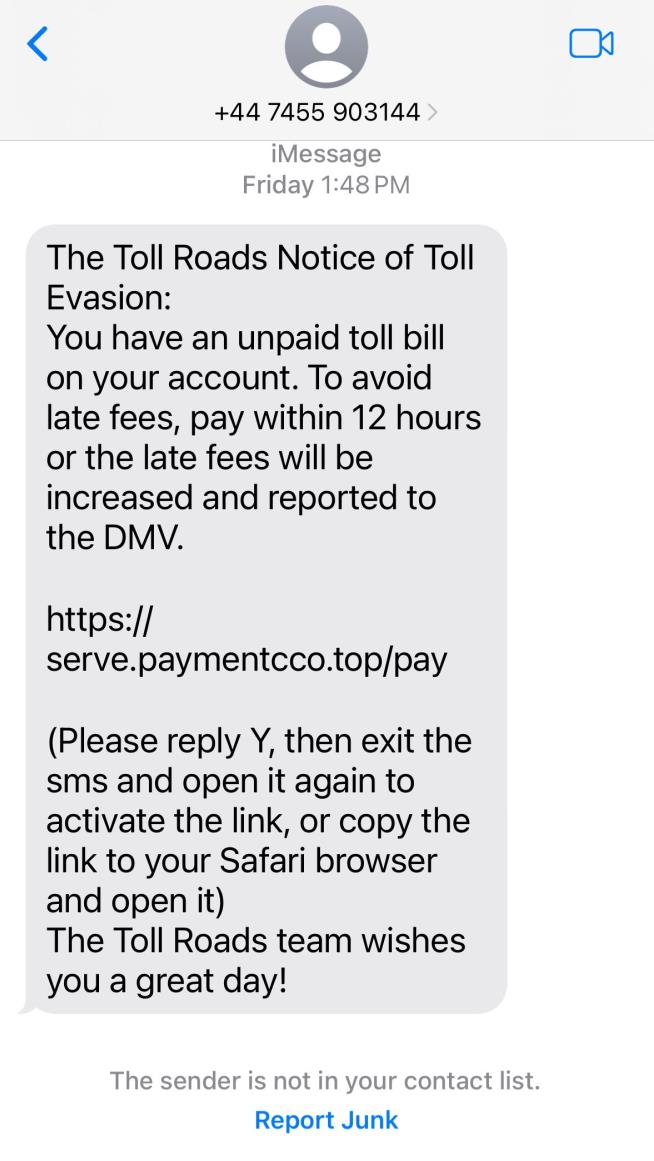 Bogus Texts Warning of Unpaid Tolls Resurface