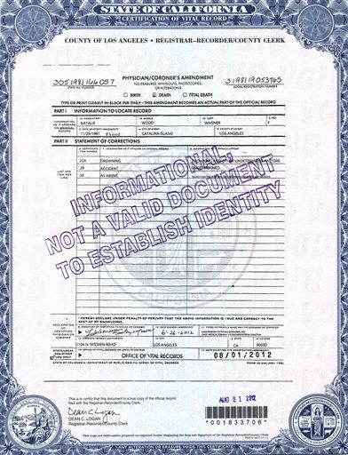 Coroner Alters Natalie Wood's Certificate of Death