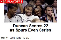 Duncan Scores 22 as Spurs Even Series
