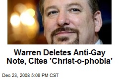 Warren Deletes Anti-Gay Note, Cites 'Christ-o-phobia'